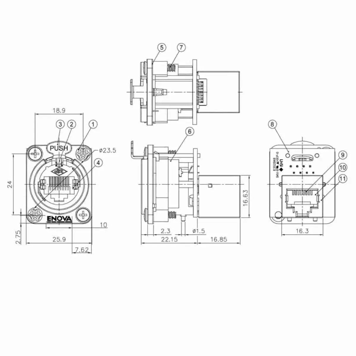 Enova RJ18FN-C5F RJ45 chassis connector Cat5e feed-through Enova