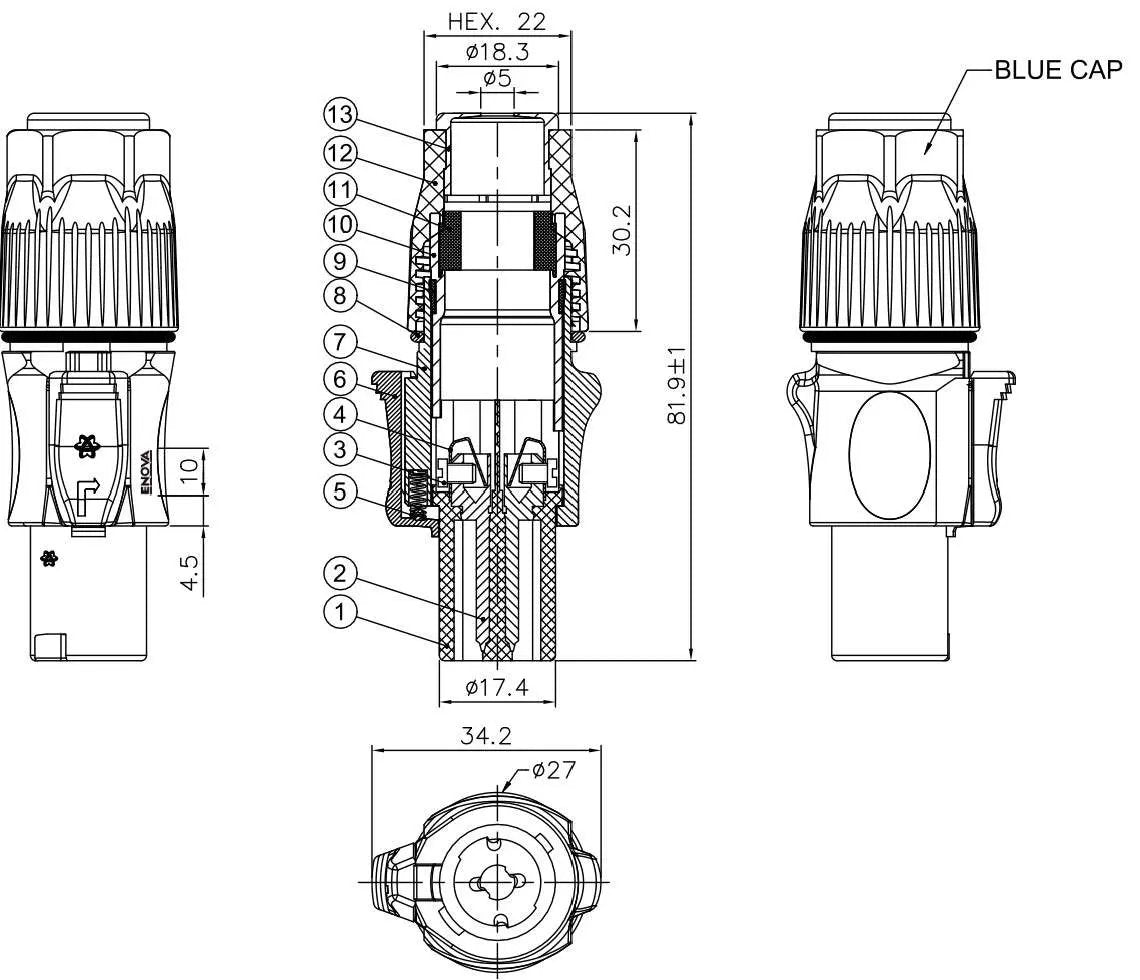 Enova SP24FP Speaker Connector with 4 pin Female Inline, silver plated contacts Enova