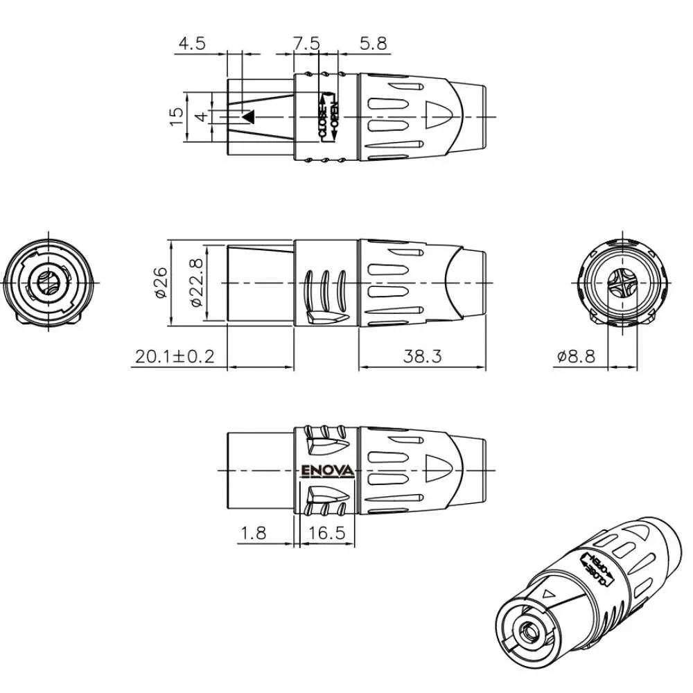 Enova SP24MN Speaker connector 4 pin, metal housing male 40 amps Enova