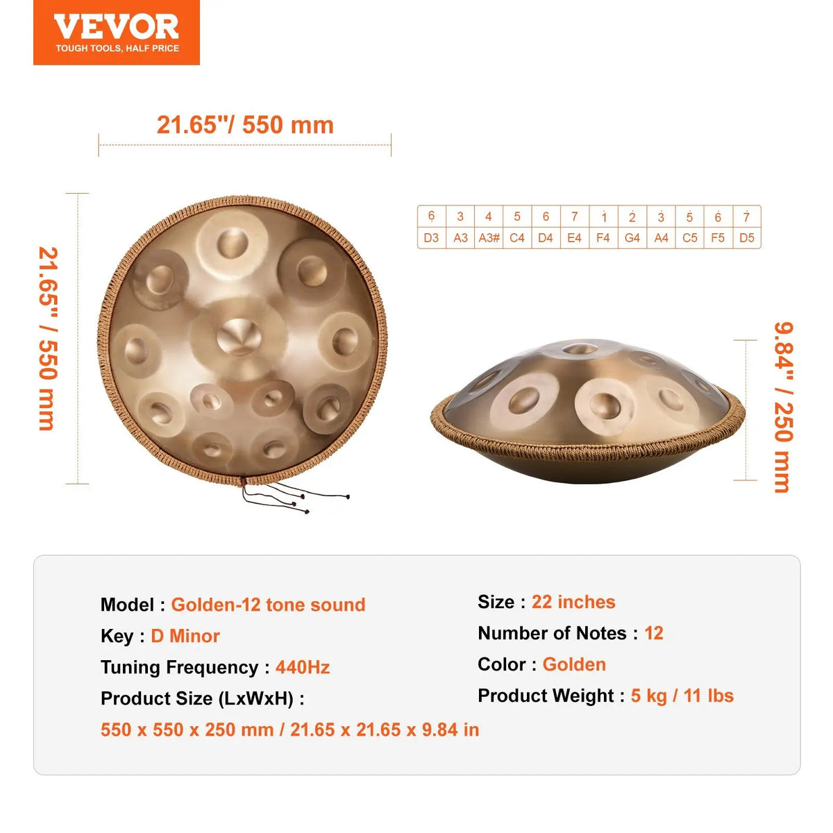 VEVOR Handpan Drum 22 in 12 Notes D Minor Hand Drum Instrument with Mallet Koala Audio