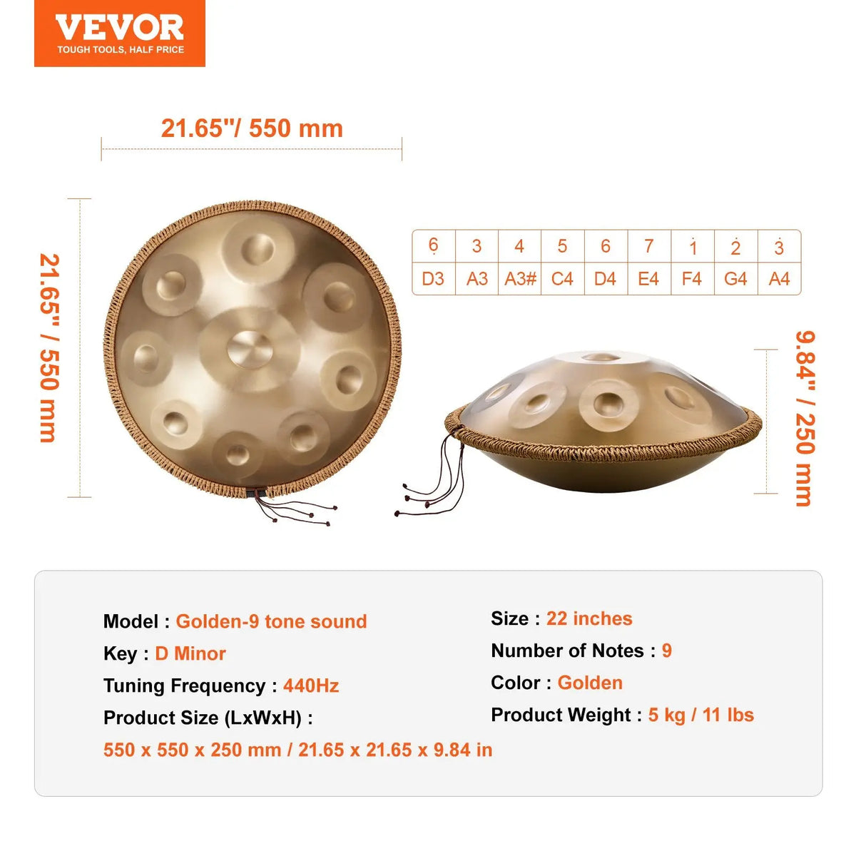 VEVOR Handpan Drum 22 in 9 Notes D Minor Steel Hand Drum with Mallets for Adult Koala Audio
