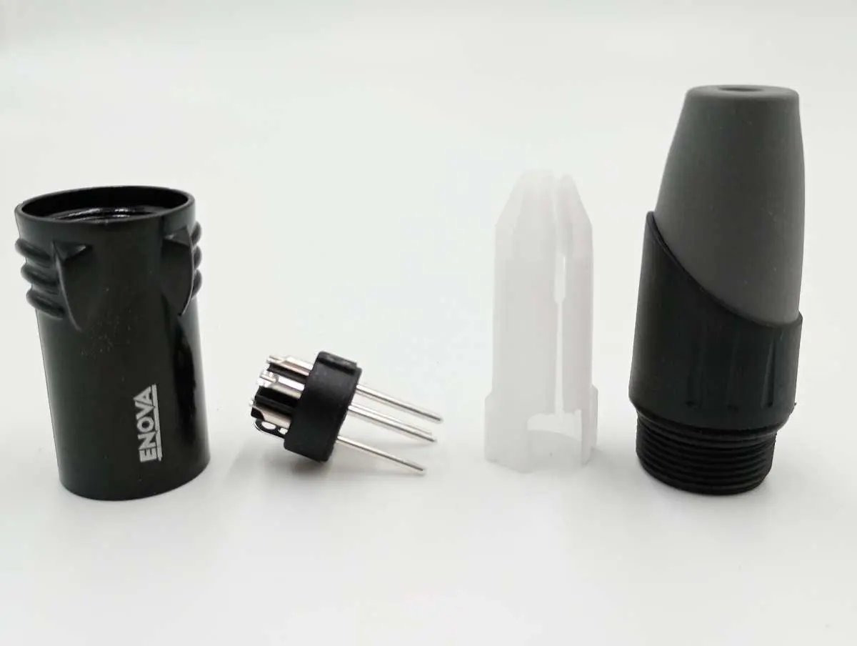 Enova XL25MB XLR cable connector male 5-pin black metal housing and grey boot solder cups Enova