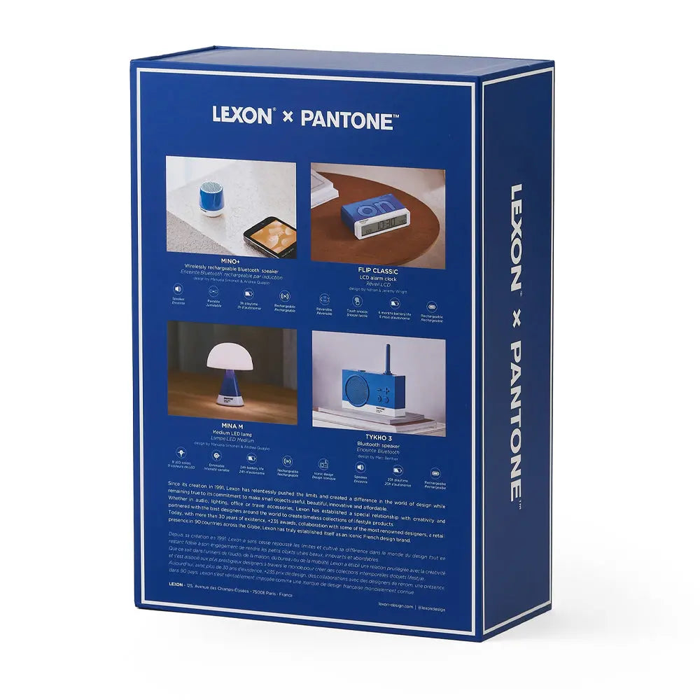 Lexon GIFT Set PANTONE - Includes Mino+ Mini Speaker, Flip Classic Clock, Mina M Lamp, Thykho 3 Speaker - Classic Blue Lexon