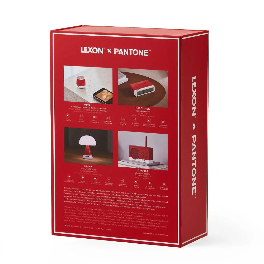 Lexon GIFT Set PANTONE - Includes Mino+ Mini Speaker, Flip Classic Clock, Mina M Lamp, Thykho 3 Speaker - 2035 Red Lexon