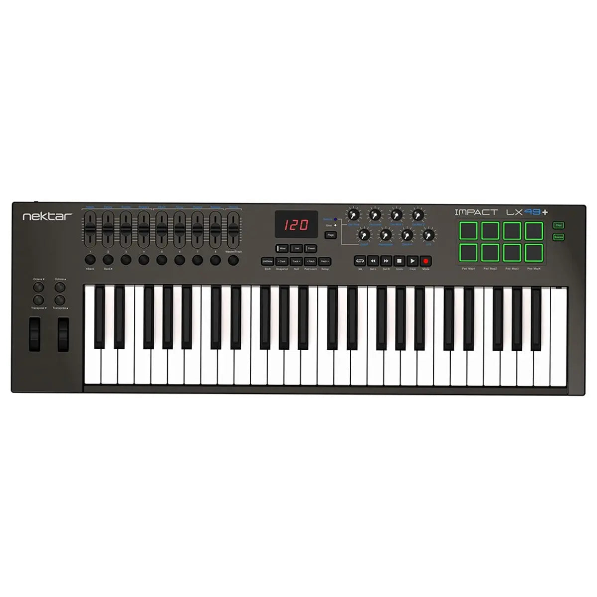 Nektar Impact LX49+ 49 note USB MIDI controller keyboard with 8 pads and Nektar DAW integration Nektar