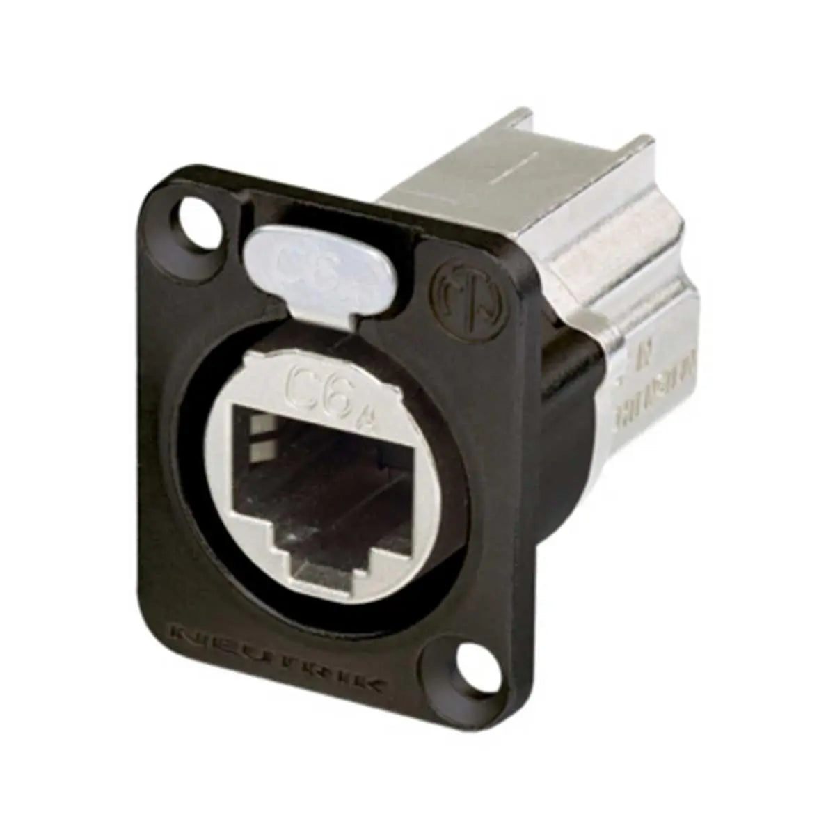 Neutrik NE8FDX-P6-B D-shape CAT6A panel connector, shielded, feedthrough, black chromium housing