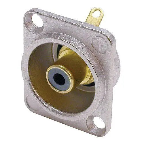 Neutrik NF2D-0 Phono socket in nickel D-shape housing, black isolation washers, solder version