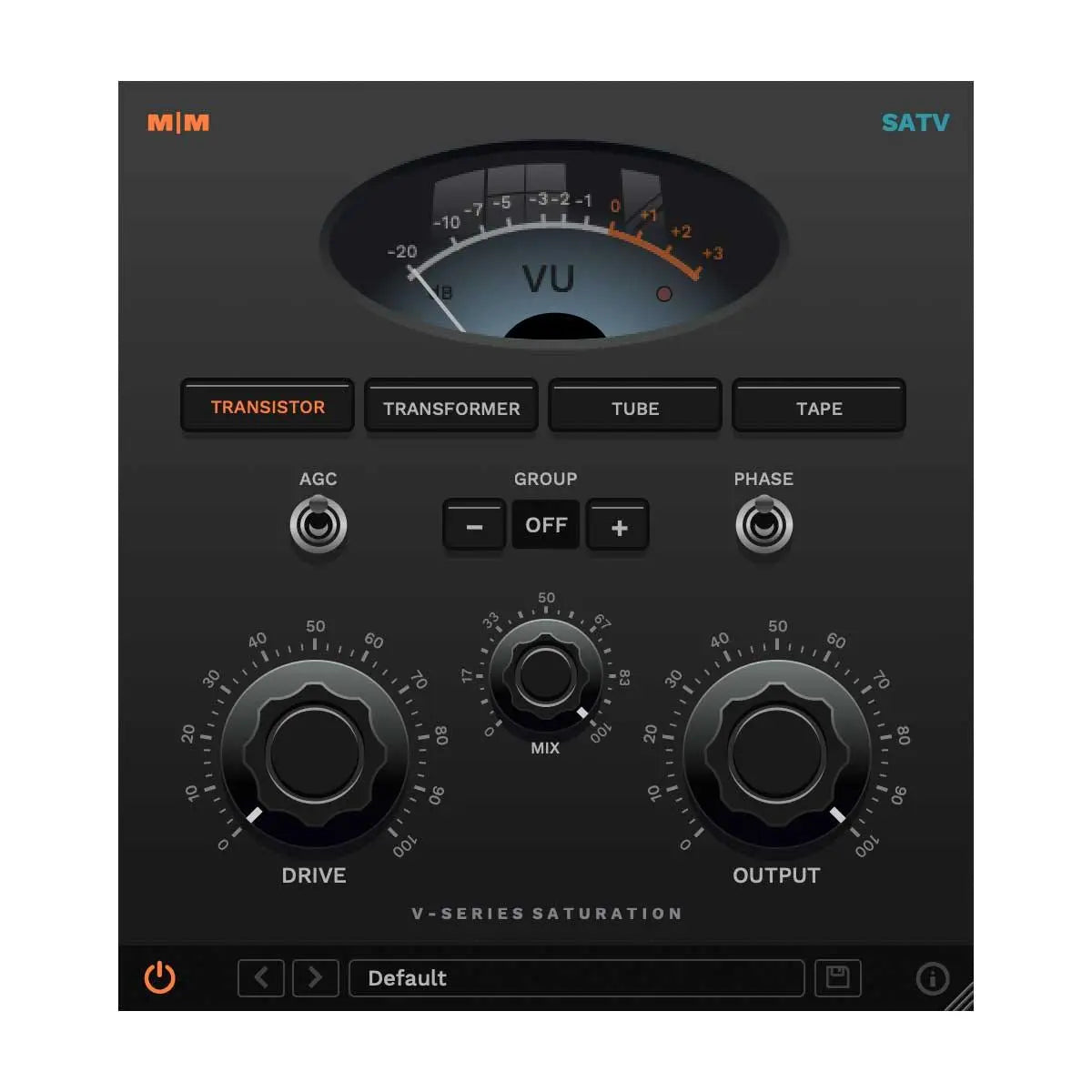 Four unique analogue modeled saturation modes Variable input drive, mix and output Control multiple instance groups Phase switch Automatic gain control 4x oversampling 64bit internal processing Formats: 64bit VST, VST3, AU and AAX Version: 4.2 SATV Manual