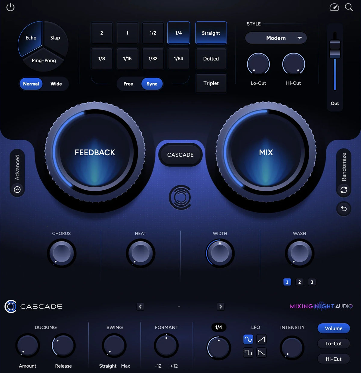 Cascade delay plugin interface with FX and advanced sections
