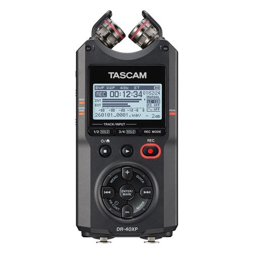 Tascam DR-40XP 4-Channel 32-bit Float Portabl Field Recorder with USB-C Interface and adjustable mics