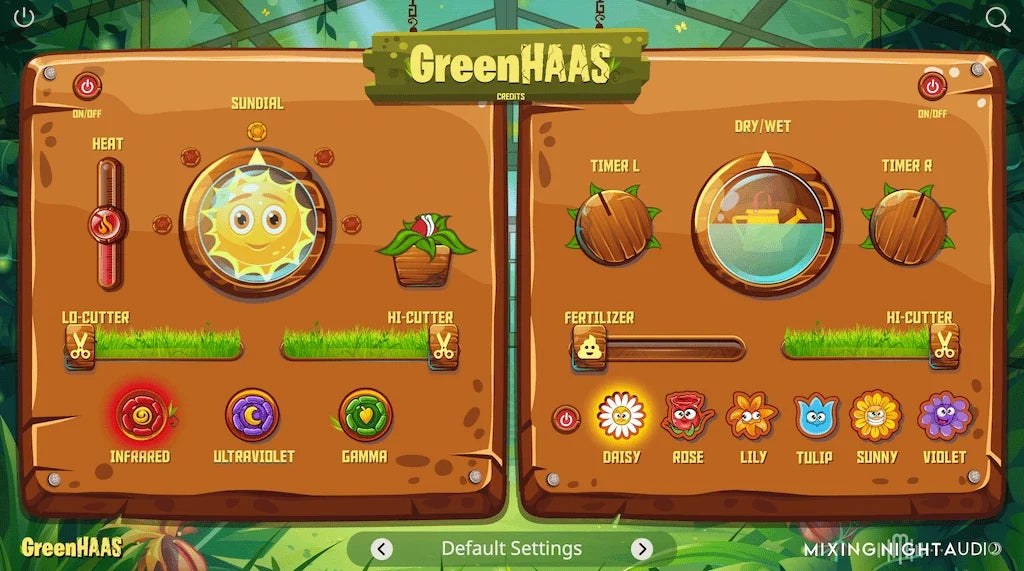 GreenHAAS plugin interface with saturation and Haas spread controls