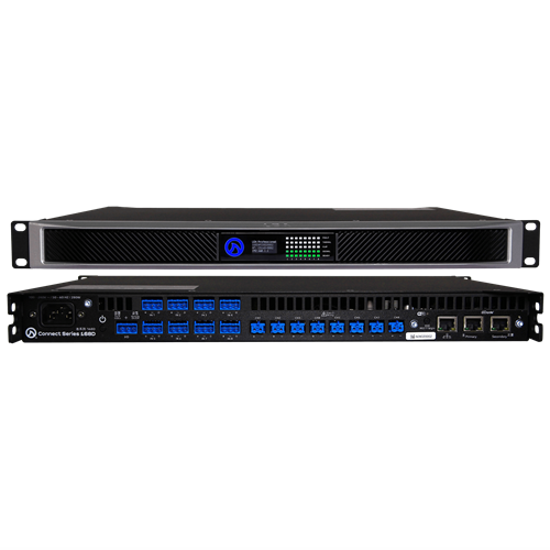 LEA Professional CS168D. 8x 160W amplifier. 2/4/8 ohm, 70/100V line. 1RU, half-rack. Dante/AES67. LEA