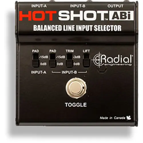 Radial HOTSHOT ABI Mic & line switcher, 2 XLR-F inputs and 1 XLR-M output. Balanced