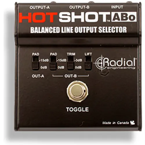 Radial HOTSHOT ABO - Mic & line switcher, 1 XLR-F input and 2 XLR-M outputs. Balanced Radial Engineering