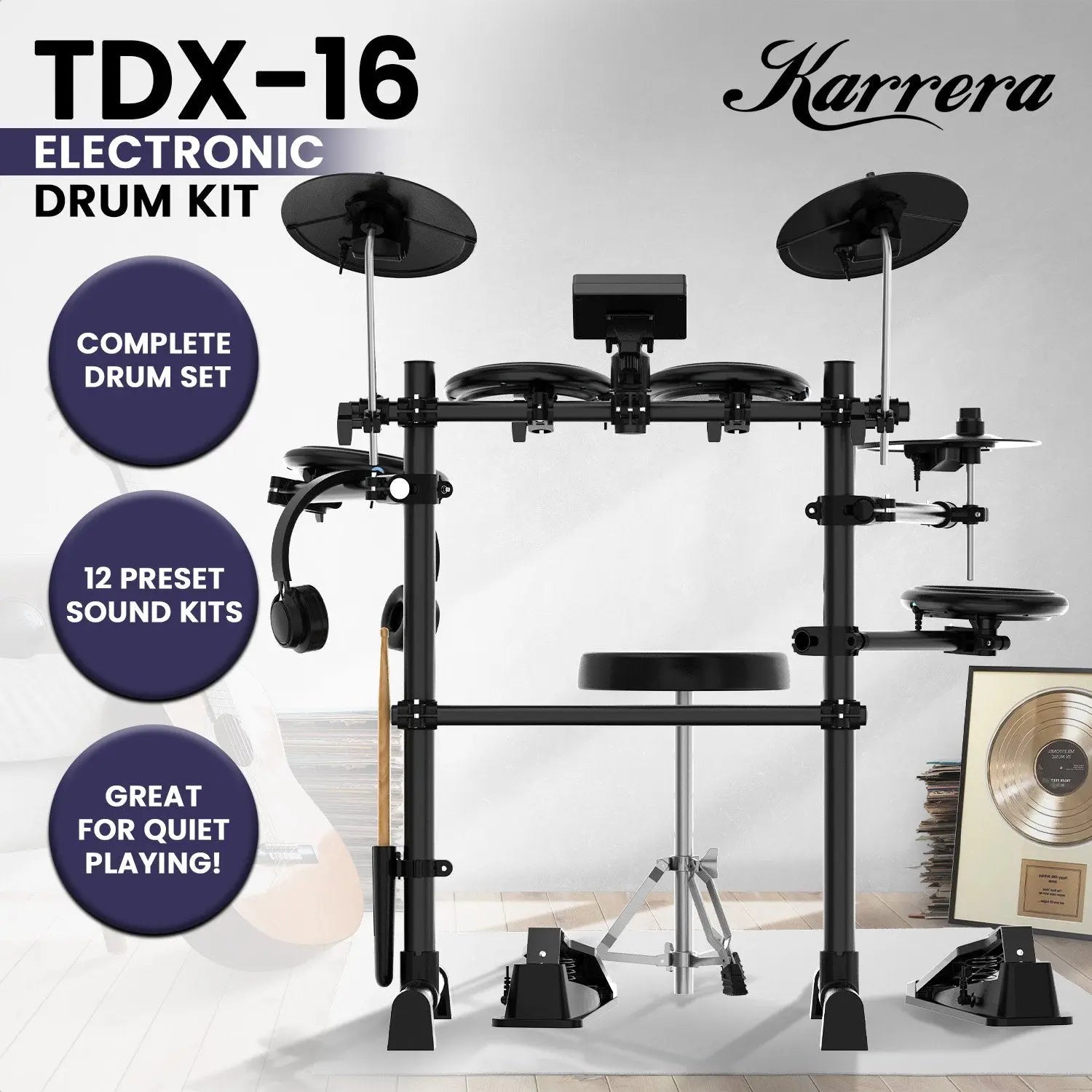 Karrera TDX-16 Electronic Drum Kit with LCD, Toms, Snares Quiet Mesh Pads & Pedals, Adjustable Stool, Headphones Koala Audio
