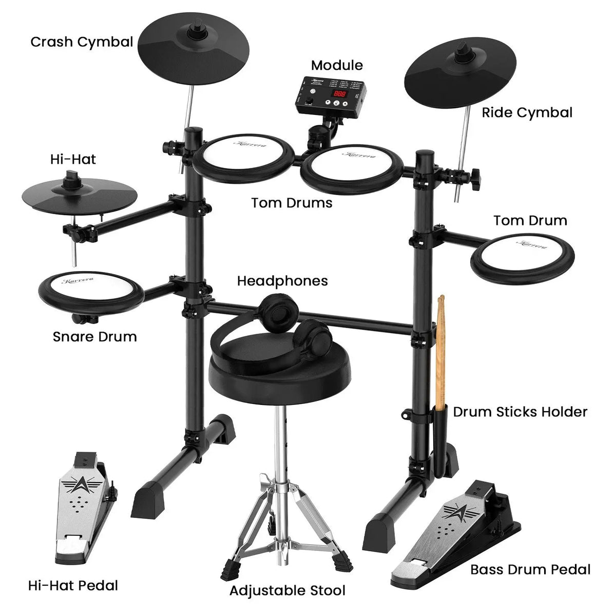 Karrera TDX-16 Electronic Drum Kit with LCD, Toms, Snares Quiet Mesh Pads & Pedals, Adjustable Stool, Headphones Koala Audio