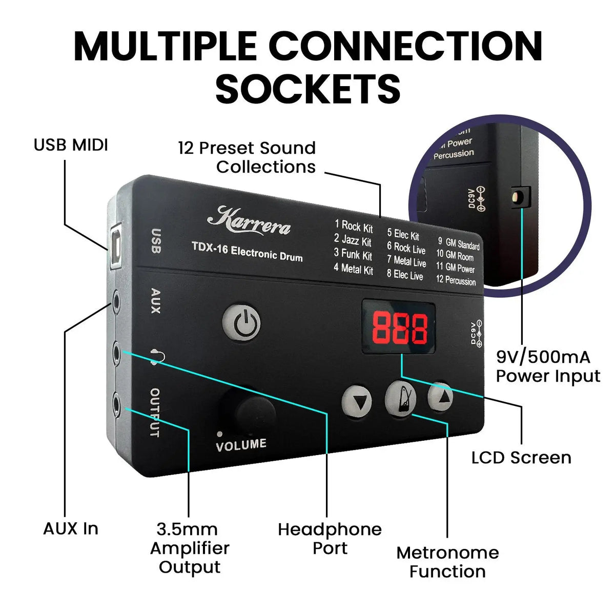 Karrera TDX-16 Electronic Drum Kit with LCD, Toms, Snares Quiet Mesh Pads & Pedals, Adjustable Stool, Headphones Koala Audio