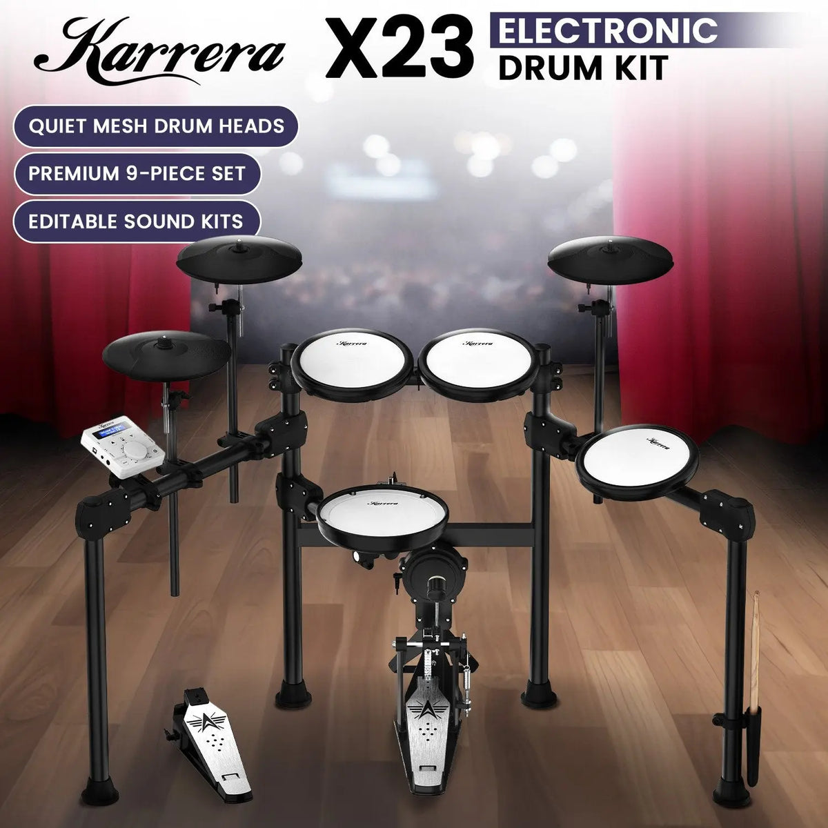 Karrera X23 Electronic Drum Kit with Sound Module, 3 Toms, Snare Quiet Mesh Drum Heads, Cymbals & Pedal Koala Audio