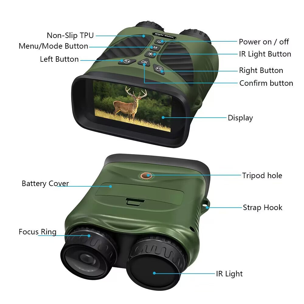 Green Digital Night Vision Binoculars - 3.0&#39;&#39; IPS Screen, 10X Optical Zoom, 2.5K Video Recording, Infrared for 300m Range