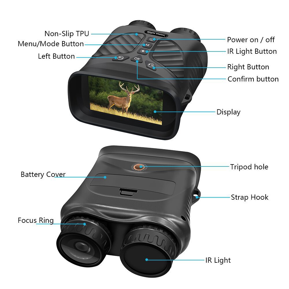 Black Digital Night Vision Binoculars - 3.0&#39;&#39; IPS Screen, 10X Optical Zoom, 2.5K Video Recording, Infrared for 300m Range