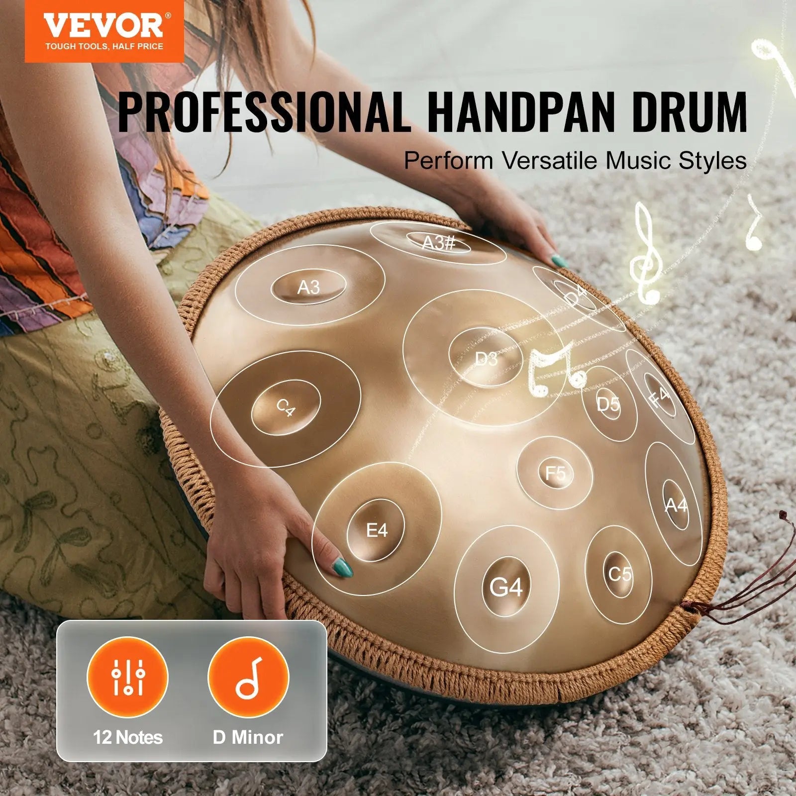 VEVOR Handpan Drum 22 in 12 Notes D Minor Hand Drum Instrument with Mallet Koala Audio