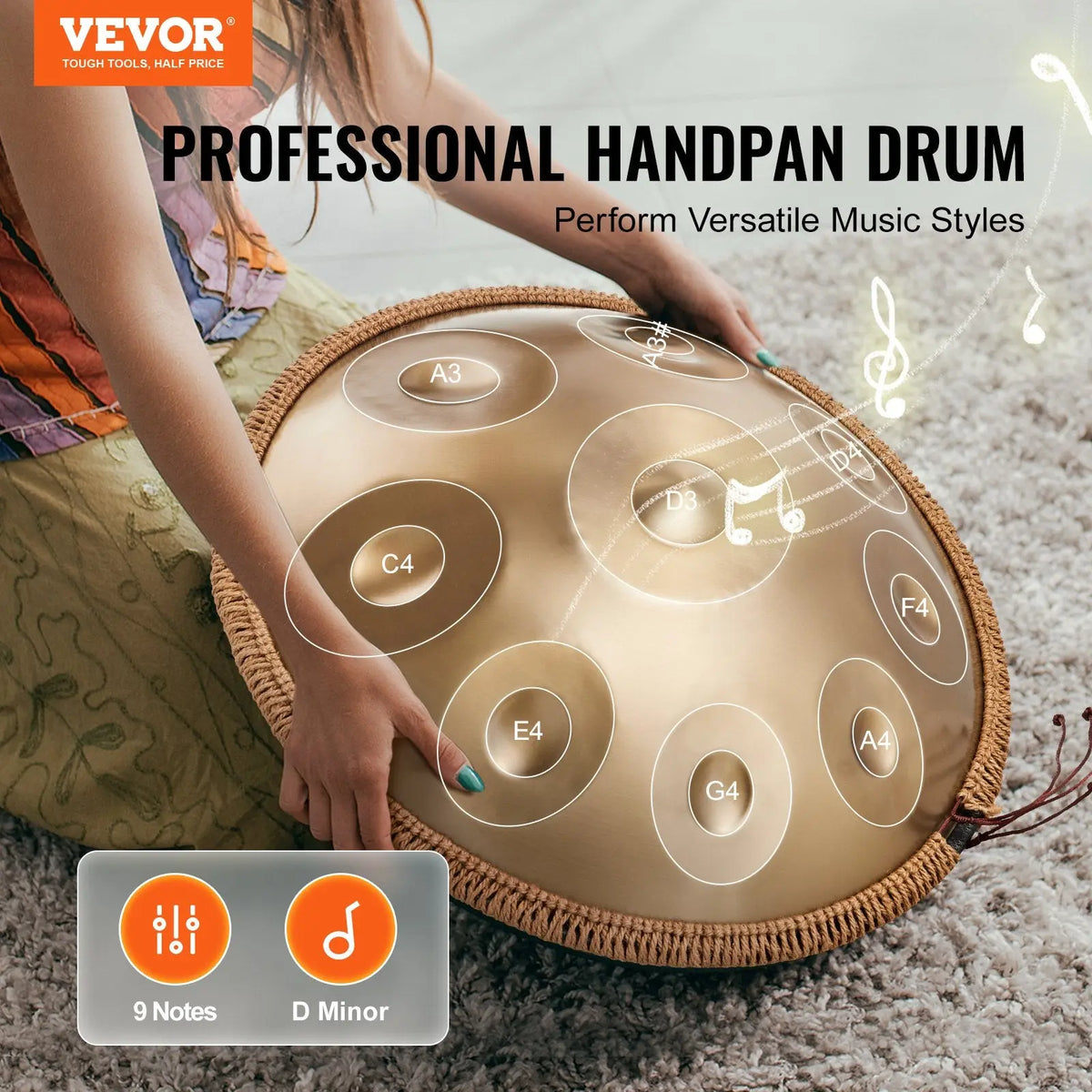 VEVOR Handpan Drum 22 in 9 Notes D Minor Steel Hand Drum with Mallets for Adult Koala Audio