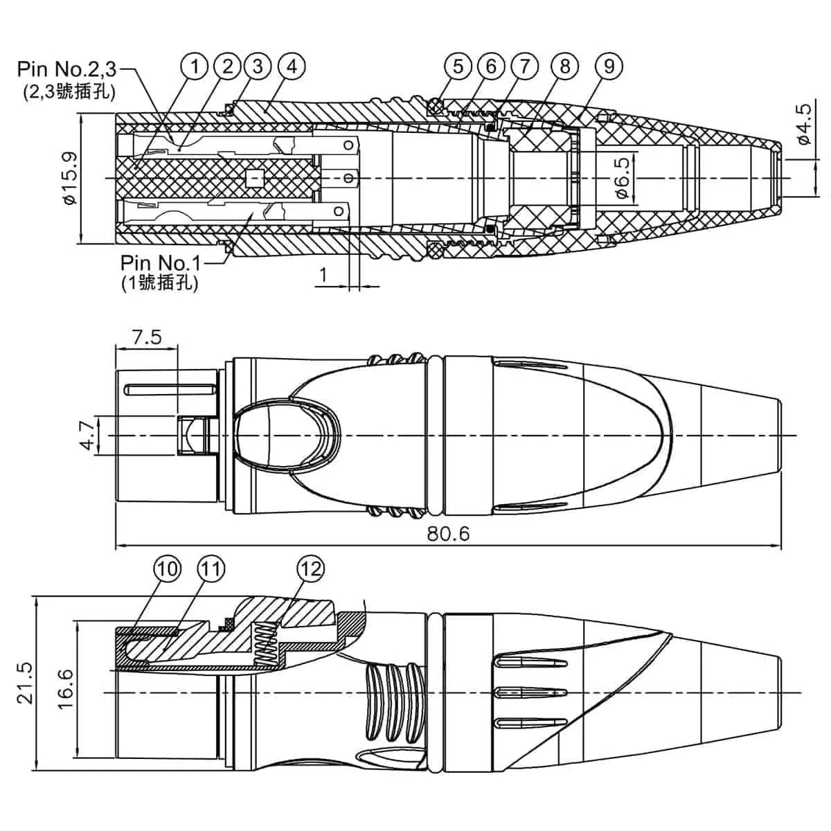 Enova XL23FB-W XLR cable connector female 3-pin IP65 black housing and orange boot solder cups Enova