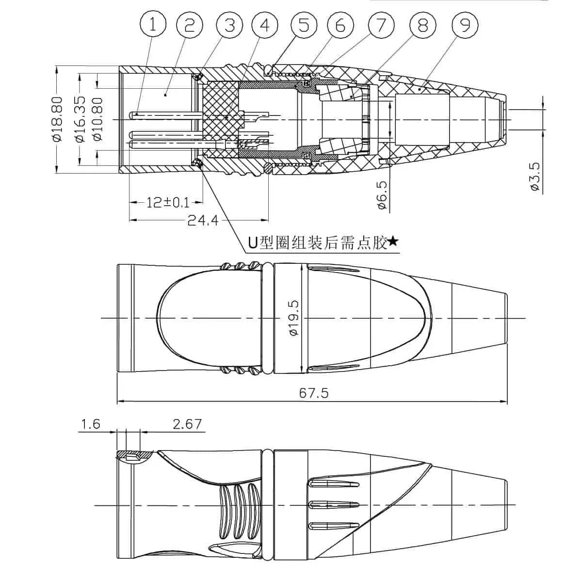 Enova XL25MB-W XLR cable connector male 5-pin IP65 black metal housing and orange boot solder cups Enova