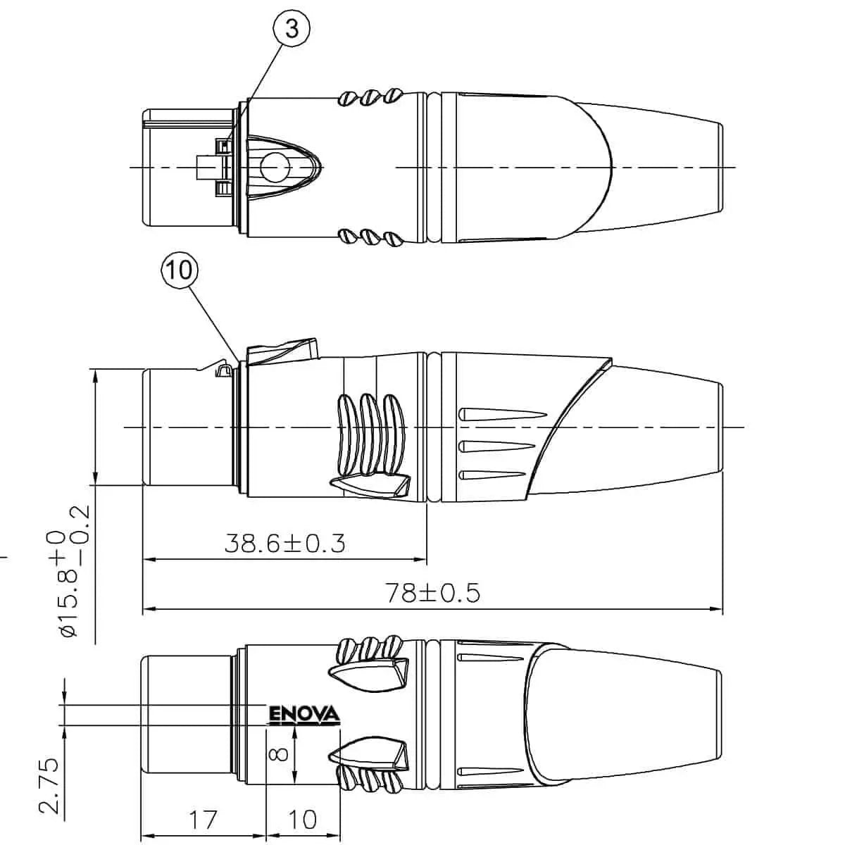 Enova XL25FB XLR cable connector female 5-pin black housing and grey boot solder cups Enova