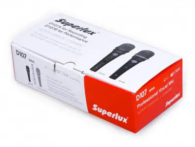 Superlux D107A Professional vocal mic. Cardioid Max SPL 150dB, 250?, -54dBV/Pa sensitivity. On/off switcH Superlux