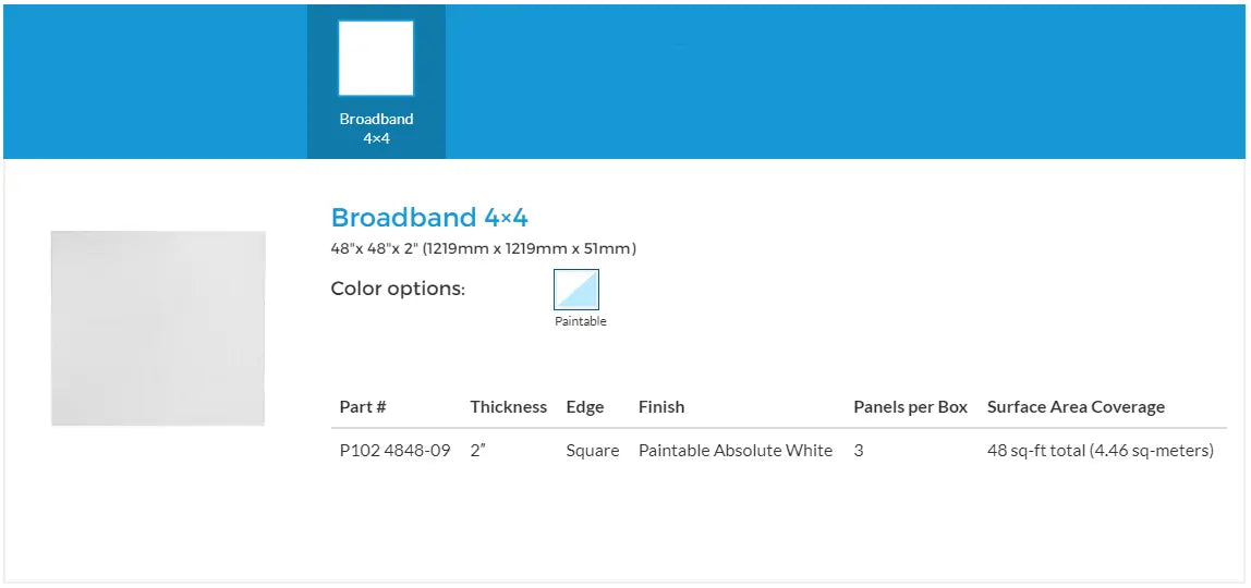 Primacoustic Broadband 4 x 4 paintable (white) acoustic panel ( Box of 3 Panels)