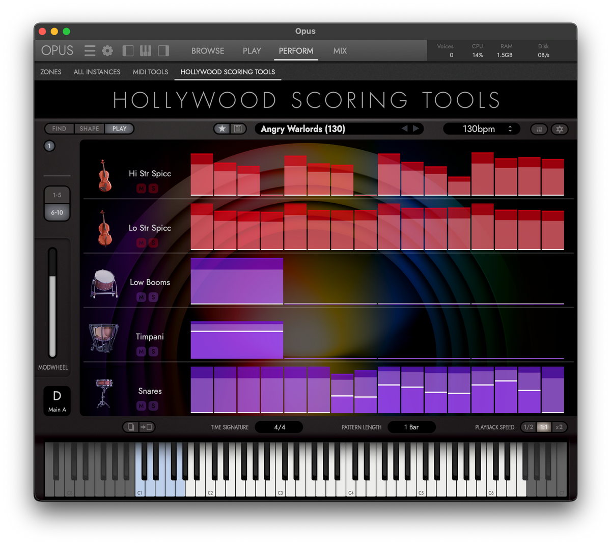 Hollywood Scoring Tools Score page in the EastWest Opus engine