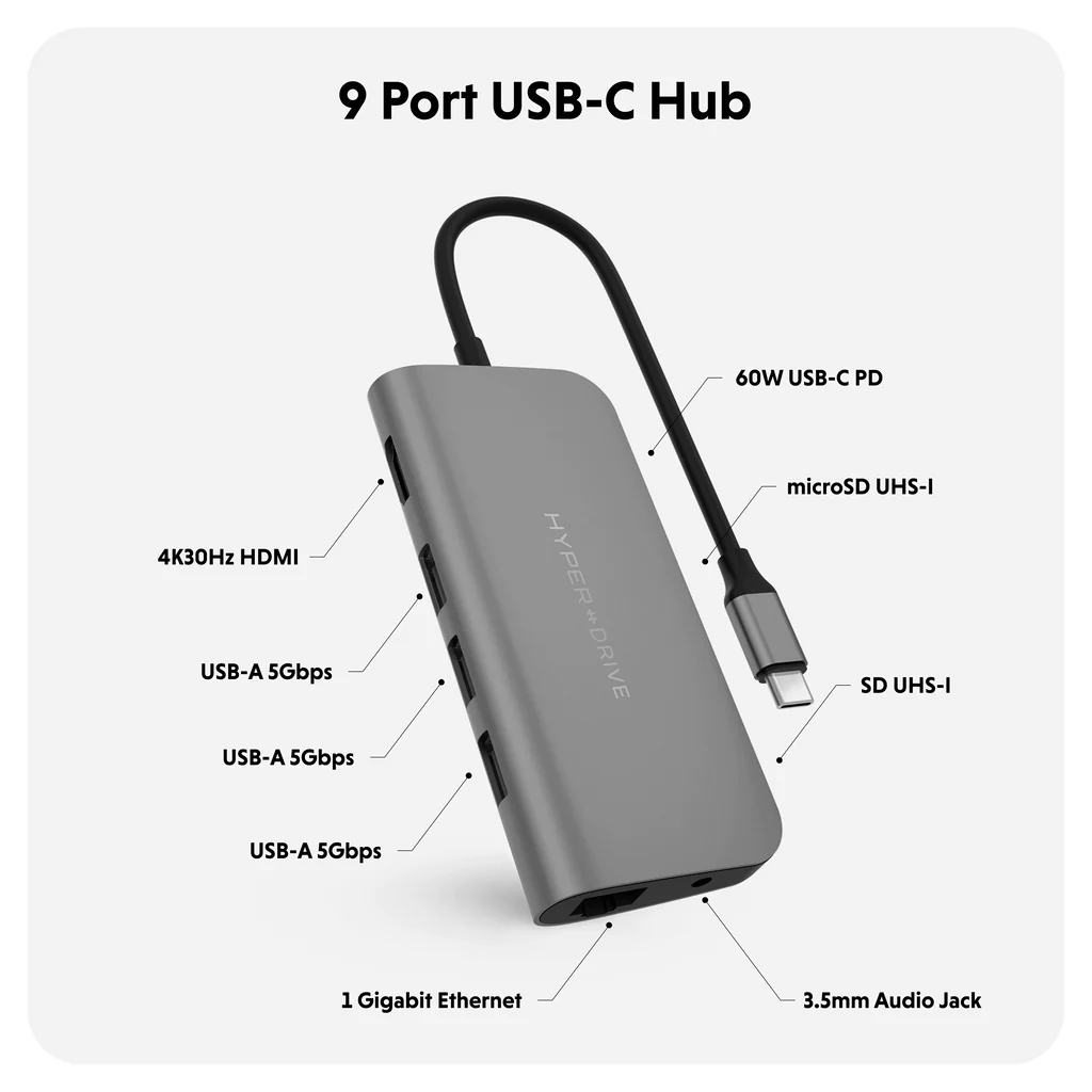 Hyperdrive 9 in 1 USB-C Hub Supports USB-C pass-through Grey