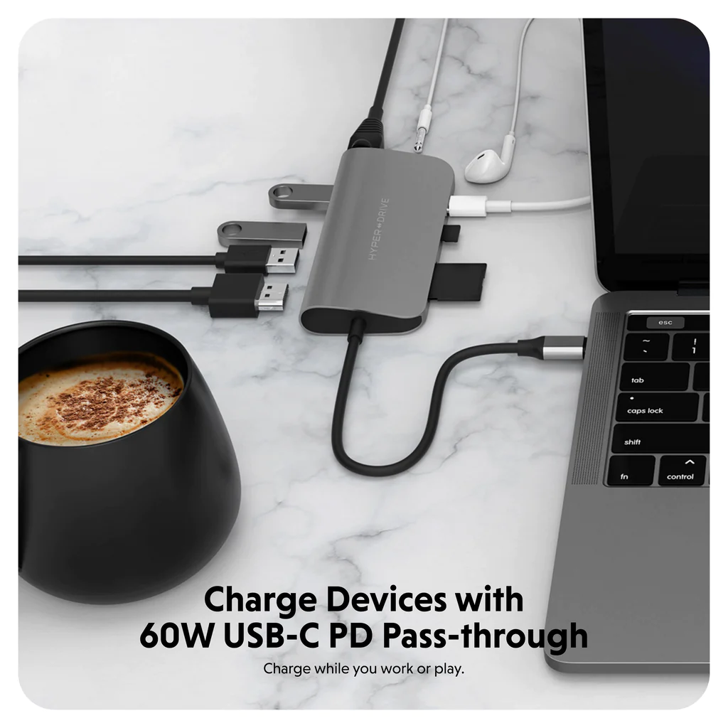 Hyperdrive 9 in 1 USB-C Hub Supports USB-C pass-through Grey