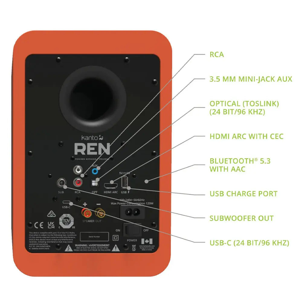 Kanto REN 200W Powered Bookshelf Speakers with HDMI ARC, USB-C, and Bluetooth 5.3 - Matte Orange, Pair Kanto