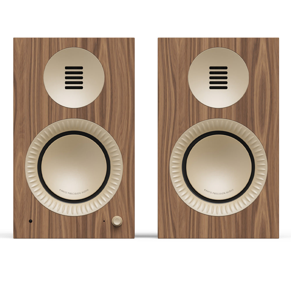 Kanto TUK (2nd Gen) 260 W Premium Powered Speaker System with Bluetooth 5.4, Dual RCA and USB-C Inputs - Matte Walnut w/ Rose Gold