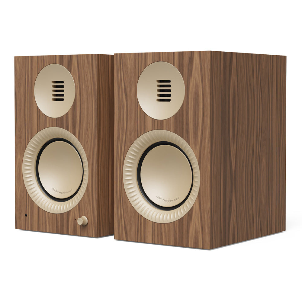 Kanto TUK (2nd Gen) 260 W Premium Powered Speaker System with Bluetooth 5.4, Dual RCA and USB-C Inputs - Matte Walnut w/ Rose Gold