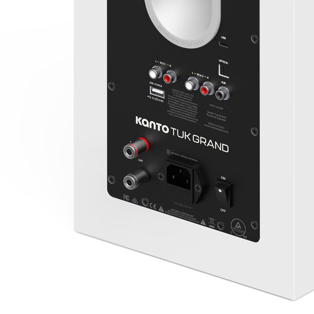 Kanto TUK (2nd Gen) Grand 320 W Premium Powered Speaker System with Bluetooth 5.4, Dual RCA and USB-C Inputs, Matte White w/ Aluminum