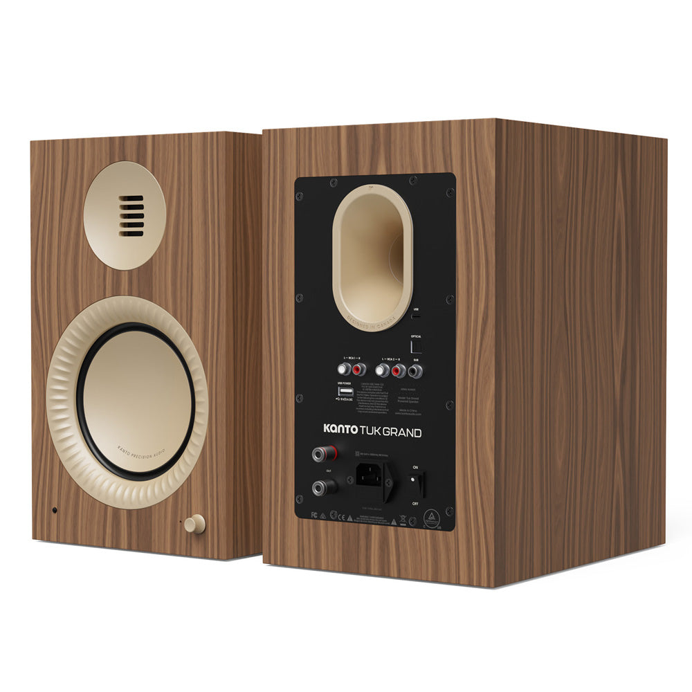 Kanto TUK (2nd Gen) Grand 320 W Premium Powered Speaker System with Bluetooth 5.4, Dual RCA and USB-C Inputs, Matte Walnut w/ Rose Gold