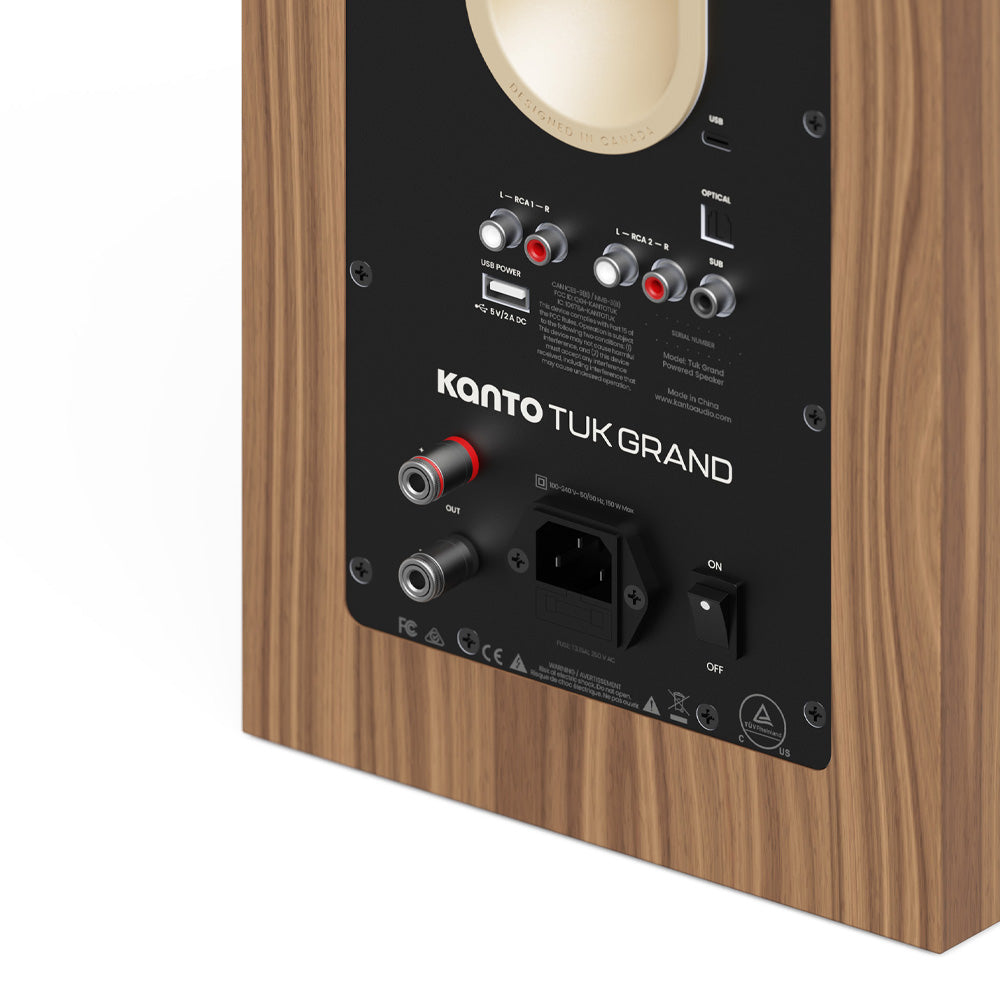 Kanto TUK (2nd Gen) Grand 320 W Premium Powered Speaker System with Bluetooth 5.4, Dual RCA and USB-C Inputs, Matte Walnut w/ Rose Gold