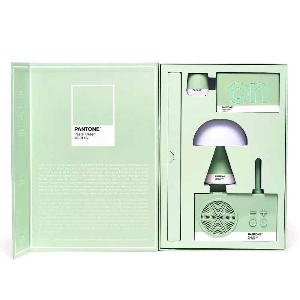 Lexon GIFT Set PANTONE - Includes Mino+ Mini Speaker, Flip Classic Clock, Mina M Lamp, Thykho 3  Speaker - Green - Koala Audio