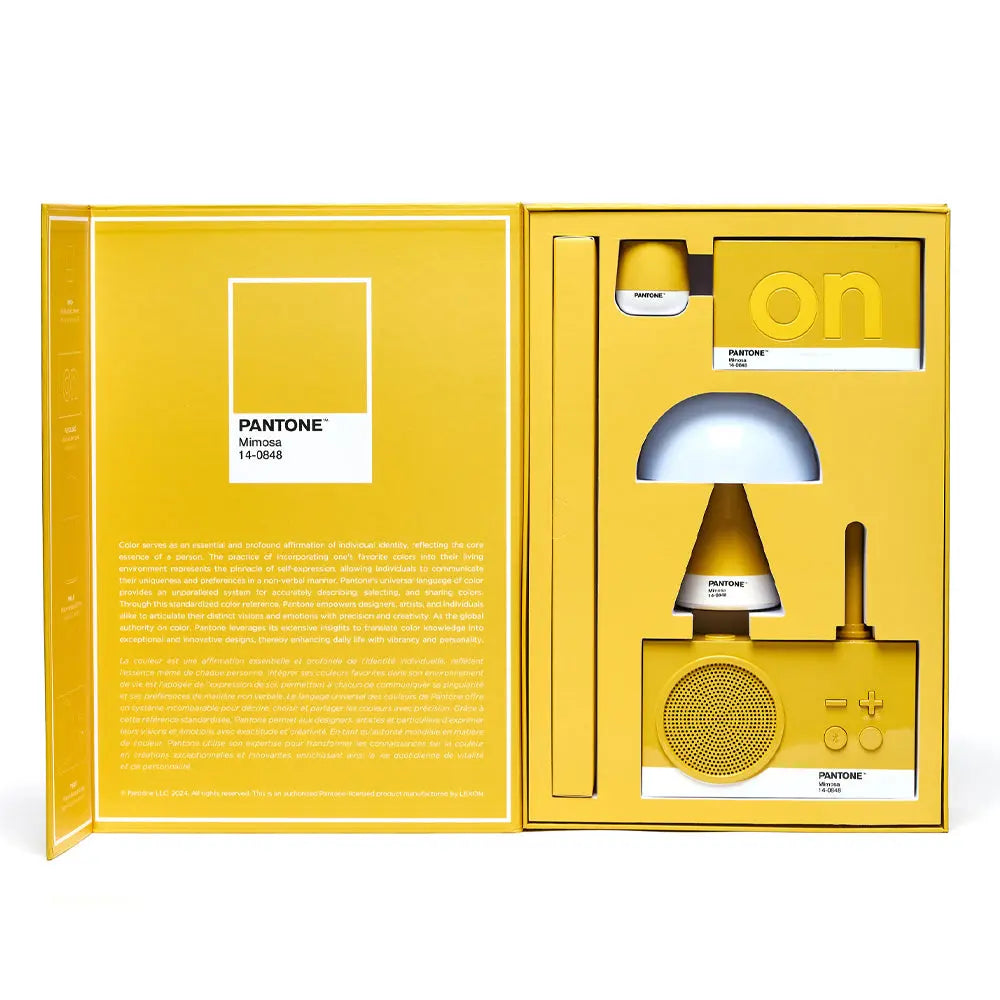 Lexon GIFT Set PANTONE - Includes Mino+ Mini Speaker, Flip Classic Clock, Mina M Lamp, Thykho 3  Speaker - Yellow Lexon