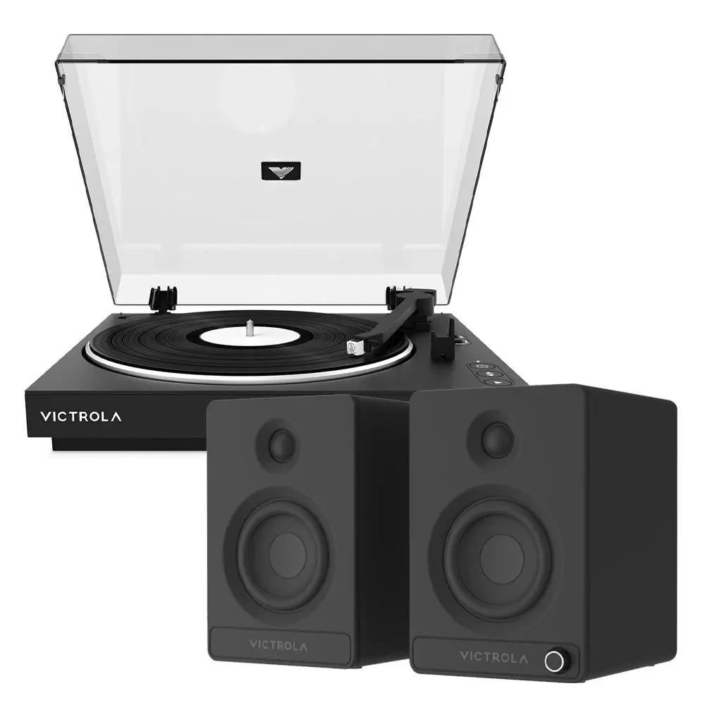 Victrola Automatic Turntable + Victrola Tempo Bookshelf Speakers Bundle - Black Victrola