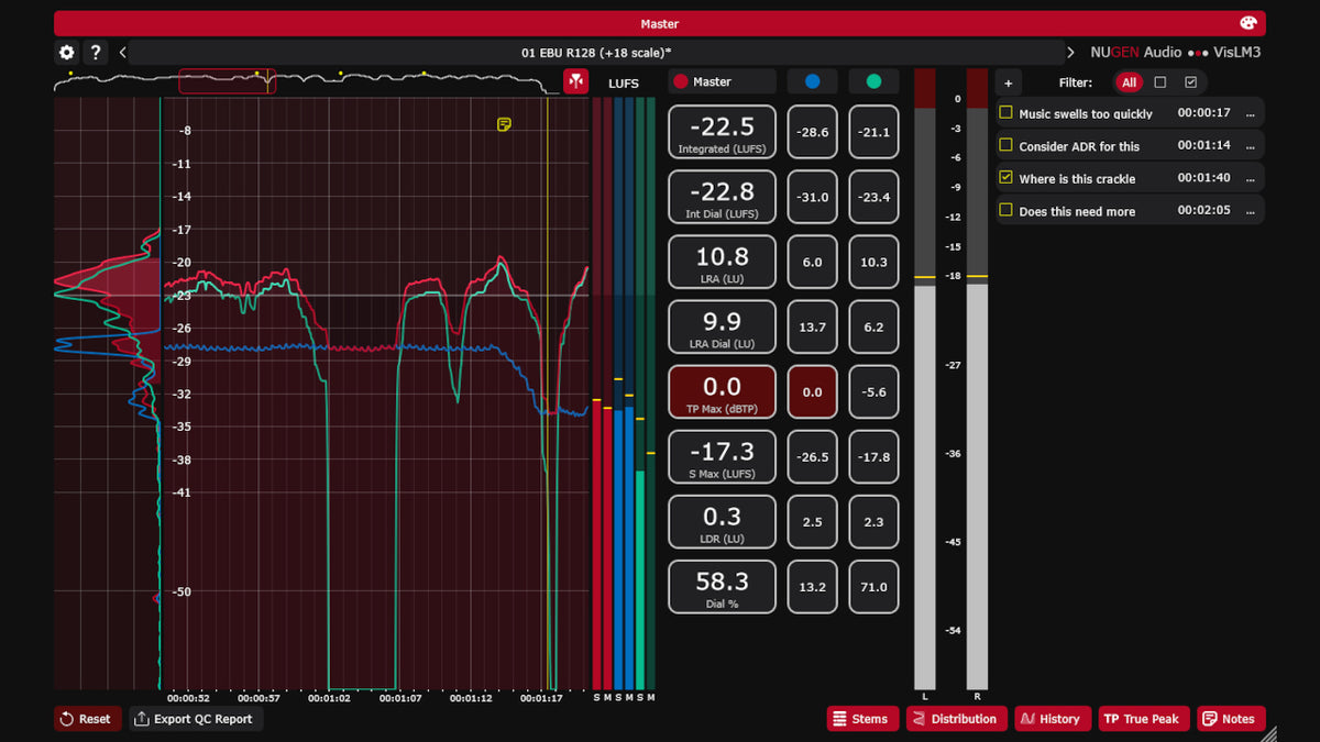 NUGEN VisLM 3 upgrade showing stem monitoring and loudness history