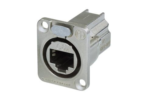 Neutrik NE8FDX-P6 D-shape CAT6A panel connector, shielded, feedthrough, Nickel housing