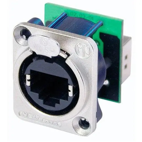 Neutrik NE8FDP RJ45 feedthrough receptacle, D-shape metal flange with the latch lock, mounting screws included